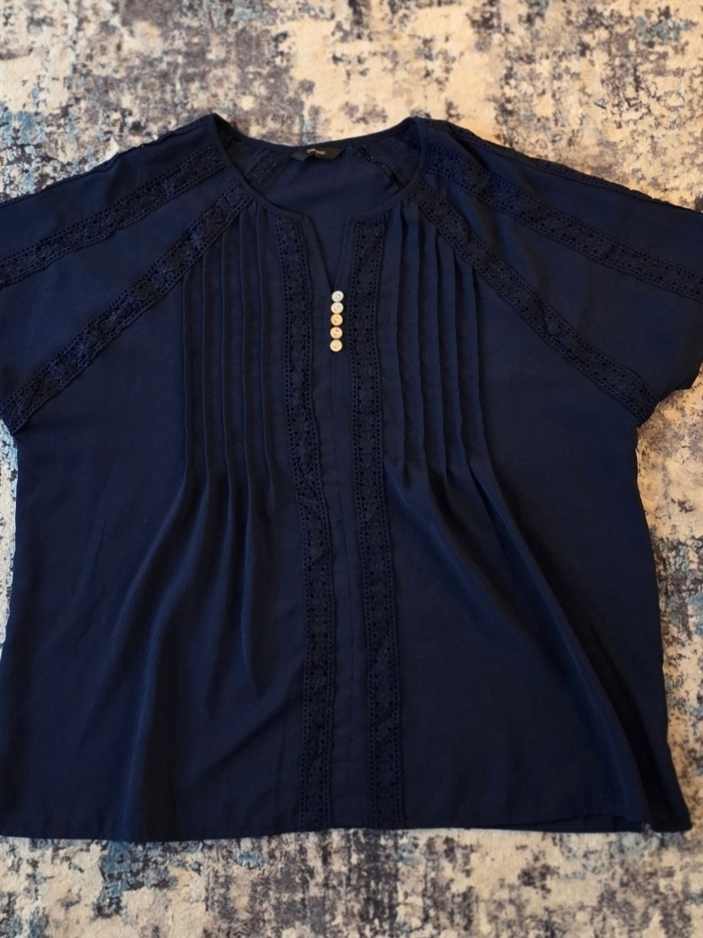 💥💥5 For $25💥💥 Women’s Navy Pleated Lace-Trim Blouse